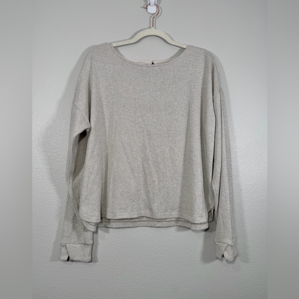 NIC+ZOE Shirt Long Sleeve Silver Slit Metallic Sparkle Holiday Christmas Women L